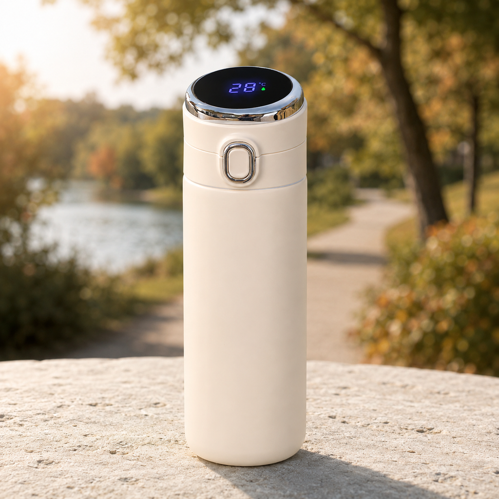 LED temperature display, travel mug, 400ml, insulated, stainless steel, coffee, thermos.