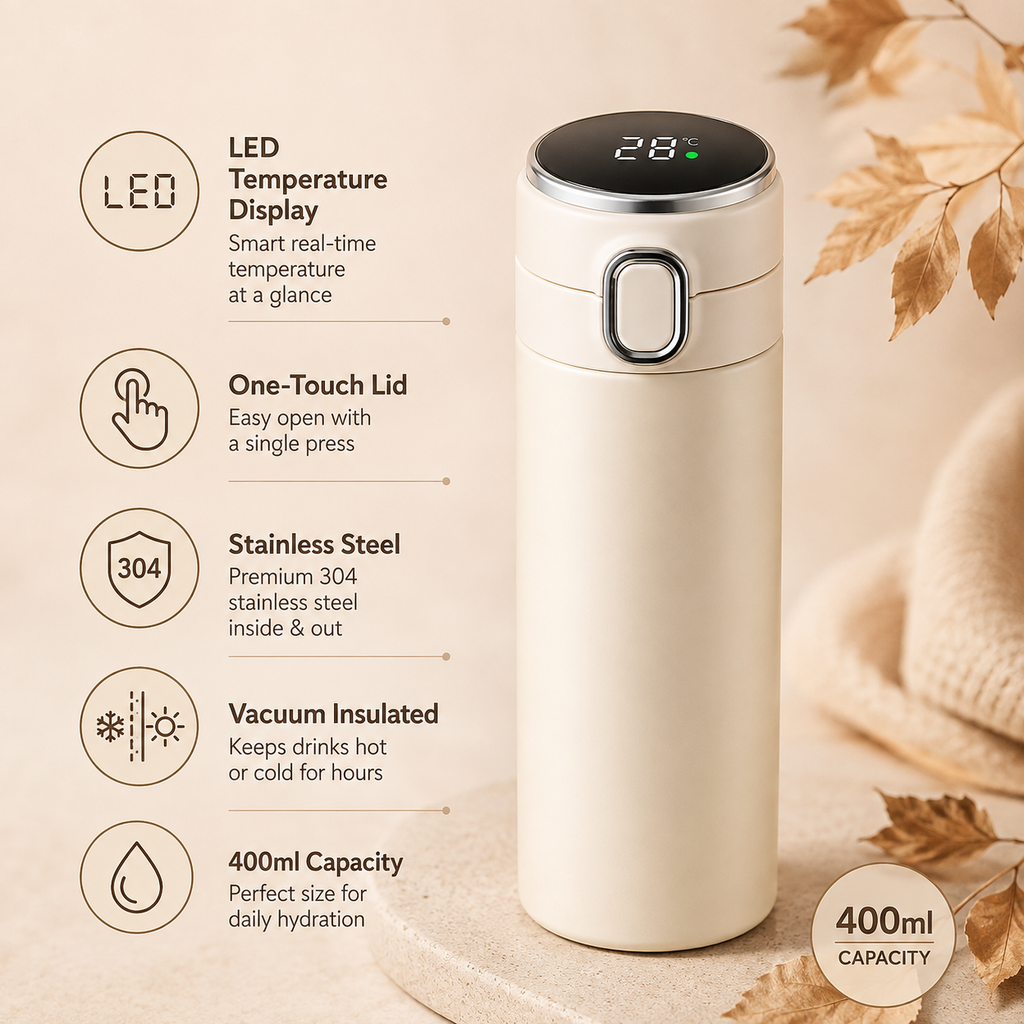 LED temperature display, travel mug, 400ml, insulated, stainless steel, coffee, thermos.