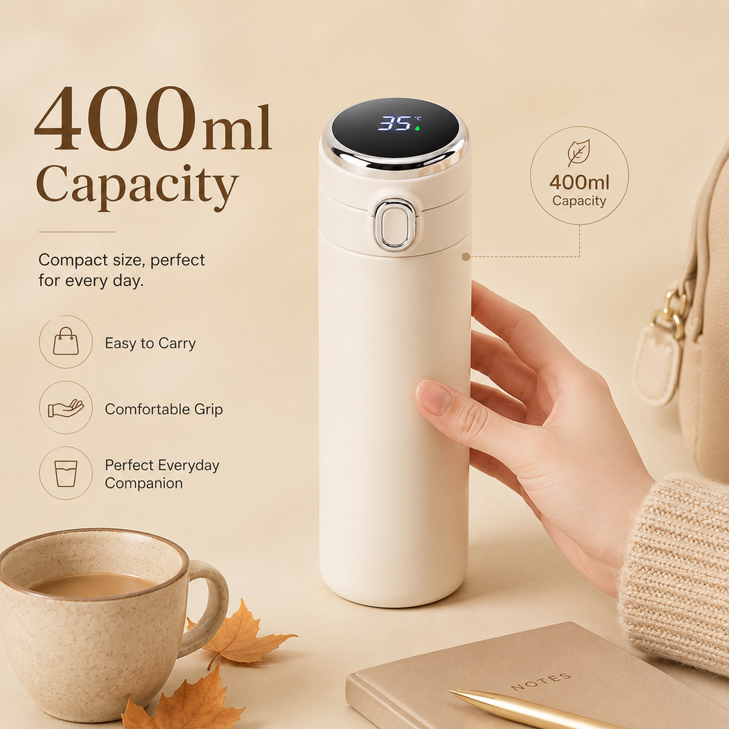 LED temperature display, travel mug, 400ml, insulated, stainless steel, coffee, thermos.