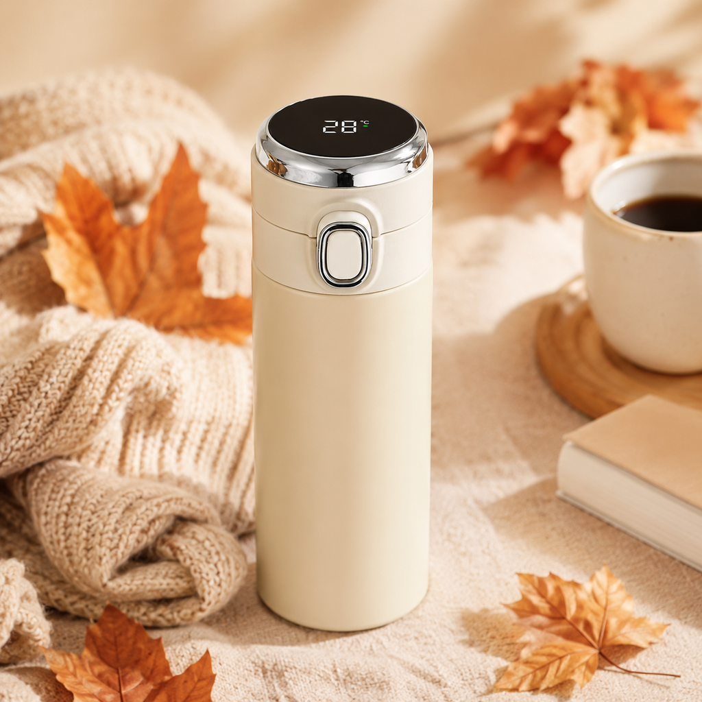 LED temperature display, travel mug, 400ml, insulated, stainless steel, coffee, thermos.