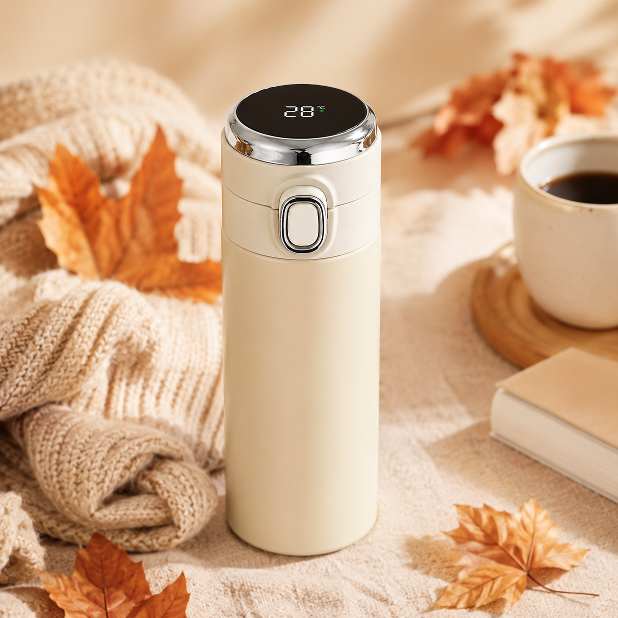 LED temperature display, travel mug, 400ml, insulated, stainless steel, coffee, thermos.
